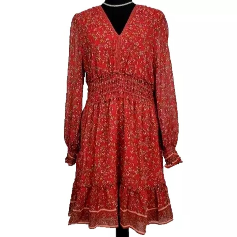 NEW Designer Max Studio V-neck Smocked Dress Floral Print Red Long Sleeve L $150